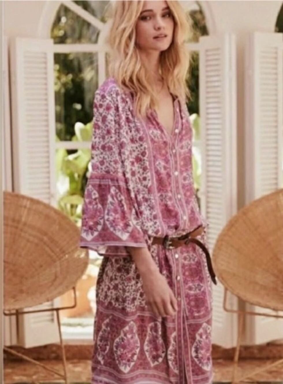 Spell and the Gypsy Jasmine Sz M Midi Dress Pink & Purple floral bell sleeve